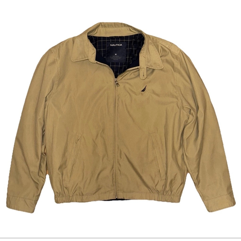 Nautica Harrington Jacket Men’s M Beige Zip Front Plaid Lined Classic